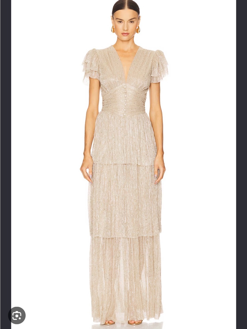 Sabina Musayev Champagne Metallic Tiered Maxi Dress